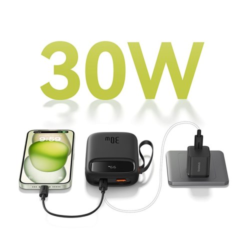 Power bank 10000mAh QPow 2 30W z wbudowanymi kablami USB-C - czarny BASEUS