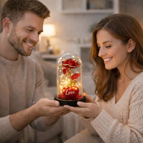 Wieczna Róża w Kopule z Oświetleniem LED Sercem Koralikami Czerwona 21x11cm LEAN