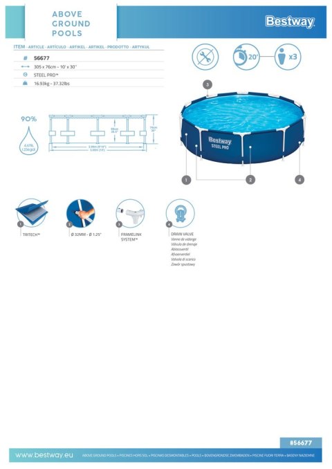 Basen Ogrodowy Stelażowy 305 x 76 cm Bestway 56677 Bestway