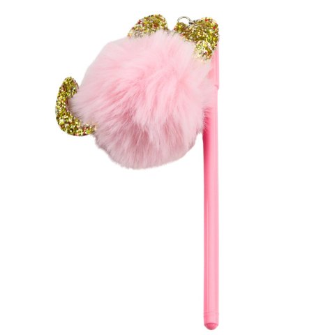 Długopis Żelowy Zatyczka Z Różowym Pomponem Niebieski Tusz 17cm 0.5mm LEAN