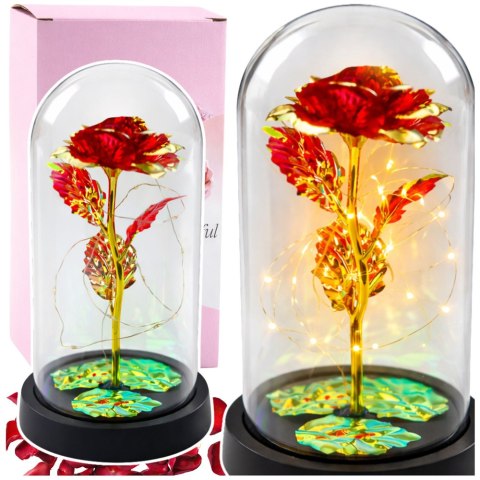 Wieczna Kryształowa Róża w Kopule z Oświetleniem LED Czerwona 21x11cm LEAN