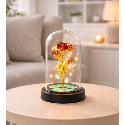 Wieczna Kryształowa Róża w Kopule z Oświetleniem LED Czerwona 21x11cm LEAN