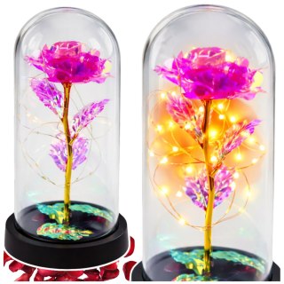 Wieczna Kryształowa Róża w Kopule z Oświetleniem LED Różowa 21x11cm LEAN