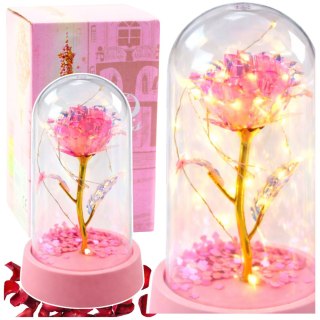 Wieczna Róża Kryształowa w Kopule z Oświetleniem LED Różowa 14x8cm LEAN