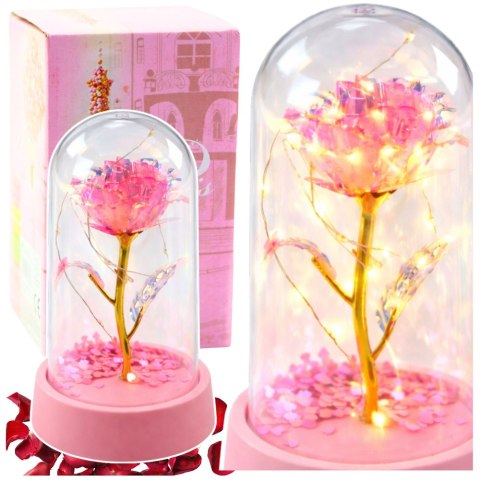 Wieczna Róża Kryształowa w Kopule z Oświetleniem LED Różowa 14x8cm LEAN