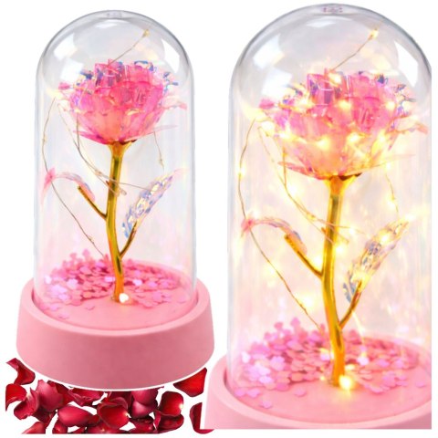 Wieczna Róża Kryształowa w Kopule z Oświetleniem LED Różowa 14x8cm LEAN