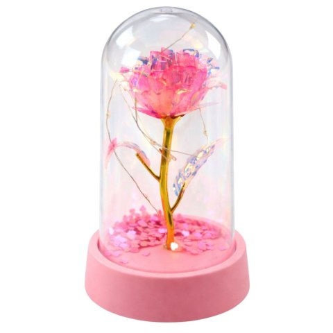 Wieczna Róża Kryształowa w Kopule z Oświetleniem LED Różowa 14x8cm LEAN