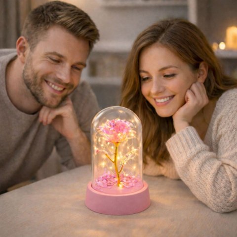 Wieczna Róża Kryształowa w Kopule z Oświetleniem LED Różowa 14x8cm LEAN