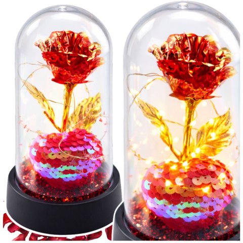 Wieczna Róża Kryształowa w Kopule z Oświetleniem LED z Serduszkiem 14x8cm LEAN