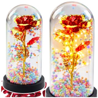 Wieczna Róża W Kopule Kryształowa Oświetlenie LED Kuleczki Czerwona 21x11cm LEAN