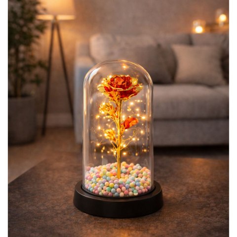 Wieczna Róża W Kopule Kryształowa Oświetlenie LED Kuleczki Czerwona 21x11cm LEAN