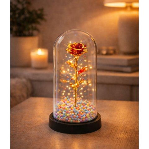 Wieczna Róża W Kopule Kryształowa Oświetlenie LED Kuleczki Czerwona 21x11cm LEAN