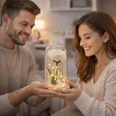 Wieczna Róża W Szkle Kopuła Oświetlenie LED Biała 21x11cm LEAN