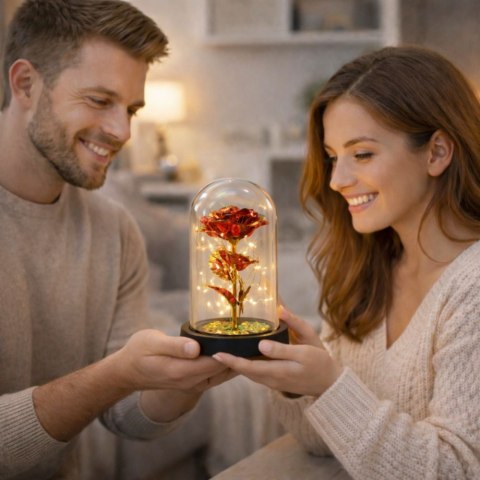 Wieczna Róża W Szle Kryształowa Oświetlenie LED Motylek Czerwona 21x11cm LEAN