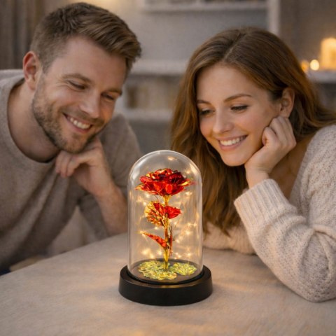 Wieczna Róża W Szle Kryształowa Oświetlenie LED Motylek Czerwona 21x11cm LEAN