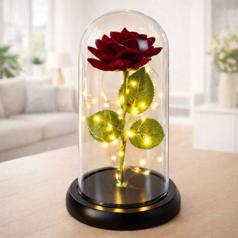 Wieczna Róża w Kopule z Oświetleniem LED Czerwona 21x11cm LEAN