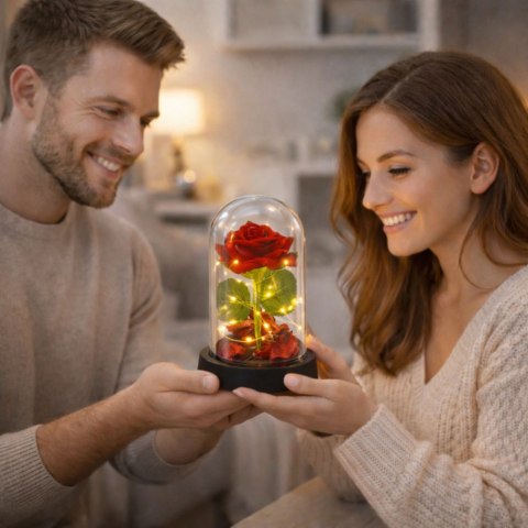 Wieczna Róża w Kopule z Oświetleniem LED Czerwona z Płatkami Róż 14x8cm LEAN