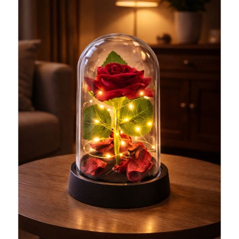 Wieczna Róża w Kopule z Oświetleniem LED Czerwona z Płatkami Róż 14x8cm LEAN