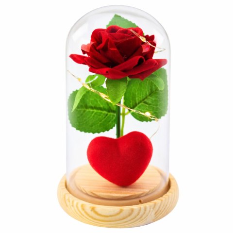 Wieczna Róża w Kopule z Oświetleniem LED Czerwona z Serduszkiem 14x8cm LEAN