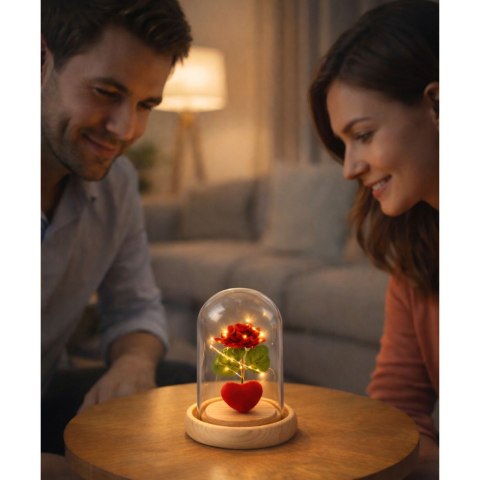 Wieczna Róża w Kopule z Oświetleniem LED Czerwona z Serduszkiem 14x8cm LEAN