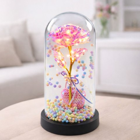 Wieczna Róża w Kopule z Oświetleniem LED Różowa z Serduszkiem i Kuleczkami LEAN