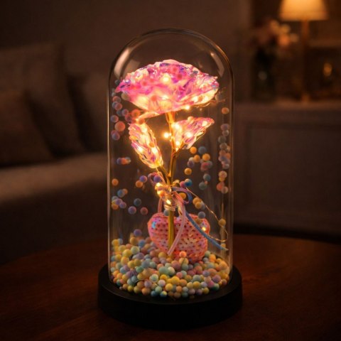 Wieczna Róża w Kopule z Oświetleniem LED Różowa z Serduszkiem i Kuleczkami LEAN