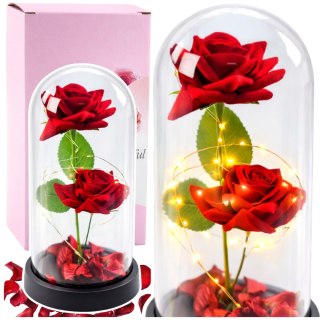 Wieczne 2 Róże w Kopule z Oświetleniem LED i Płatkami Róż Czerwone 21x11cm LEAN