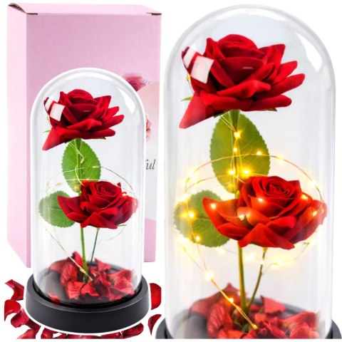 Wieczne 2 Róże w Kopule z Oświetleniem LED i Płatkami Róż Czerwone 21x11cm LEAN