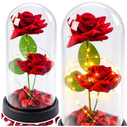 Wieczne 2 Róże w Kopule z Oświetleniem LED i Płatkami Róż Czerwone 21x11cm LEAN