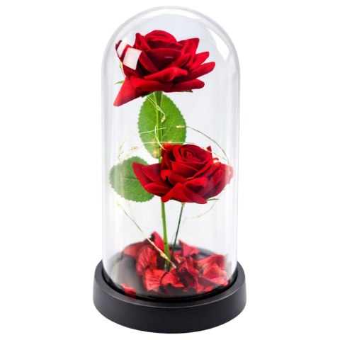 Wieczne 2 Róże w Kopule z Oświetleniem LED i Płatkami Róż Czerwone 21x11cm LEAN