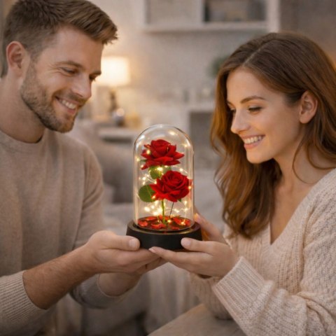 Wieczne 2 Róże w Kopule z Oświetleniem LED i Płatkami Róż Czerwone 21x11cm LEAN