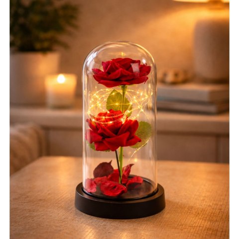 Wieczne 2 Róże w Kopule z Oświetleniem LED i Płatkami Róż Czerwone 21x11cm LEAN