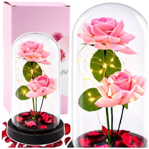 Wieczne Róże w Kopule z Oświetleniem LED i Płatkami Róż Różowe 21x11cm LEAN