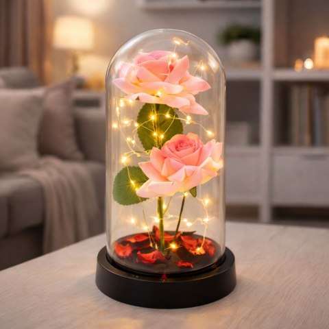 Wieczne Róże w Kopule z Oświetleniem LED i Płatkami Róż Różowe 21x11cm LEAN