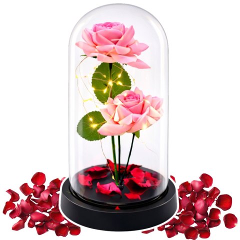 Wieczne Róże w Kopule z Oświetleniem LED i Płatkami Róż Różowe 21x11cm LEAN