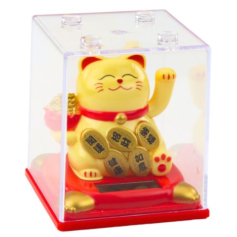 Chiński Kot Szczęścia W Gablocie Figurka Solarna Ozdoba Beżowy LEAN