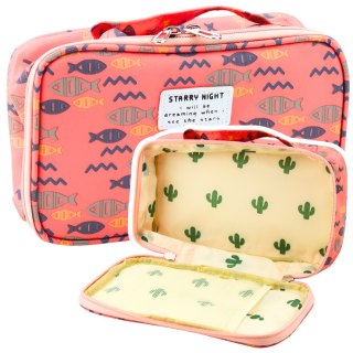 Piórnik Szkolny Organizer Pojemny Dodatkowa Kieszonka Ryby Różowy 21,5cm LEAN