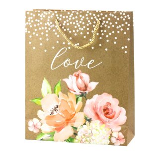Torba Prezentowa Napis Love Kwiaty Brokat 32 x 26 x 10 cm LEAN