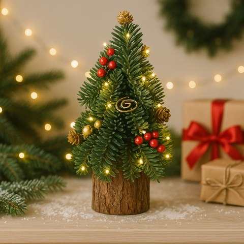 Choinka Ozdobna Dekoracyjna Na Pniu Czerwona Jarzębina Szyszki 26 x 12 cm LEAN