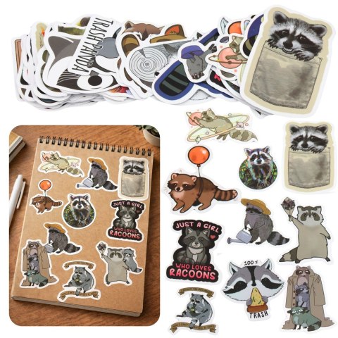 Zestaw Naklejki Z Szopem Dekoracyjne Różne Motywy 50 szt. 7-8 cm LEAN