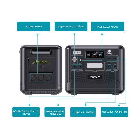 Stacja zasilania 640000mAh 2400W USB-A USB-C XT60 AC 50/60Hz czarna CHOETECH