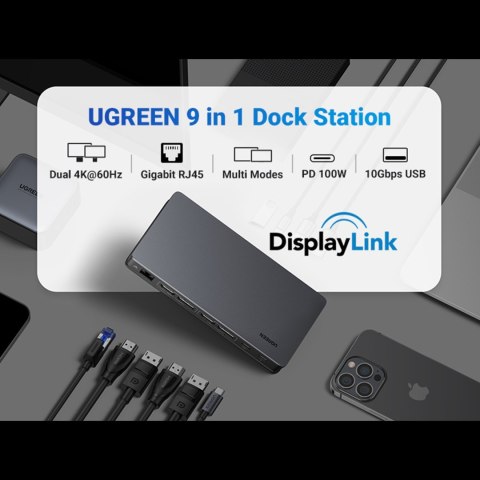 Wielofunkcyjny HUB adapter rozdzielacz ekranów HDMI DisplayPort USB-C USB-A RJ45 szary UGREEN