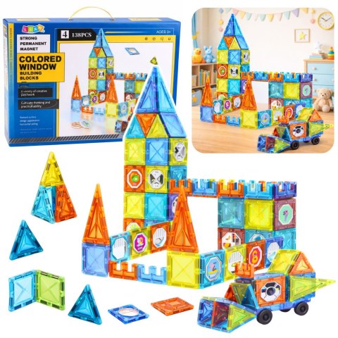 Klocki Magnetyczne Edukacyjne Okienka Z Pojazdem 3D Naklejki 138 el. LEAN Toys