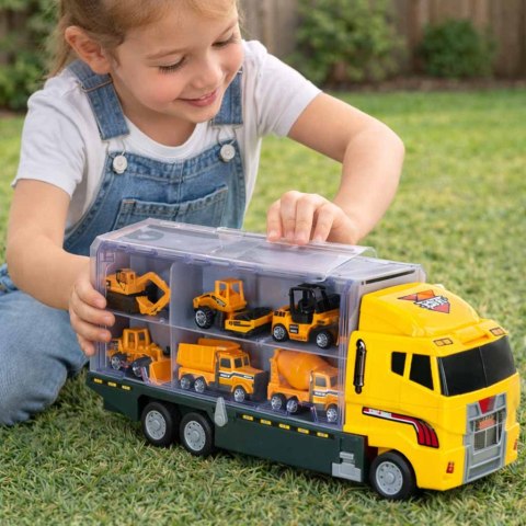 Transporter ciężarówka TIR wyrzutnia + metalowe auta maszyny budowlane Kik Sp. z o. o. Sp. k.