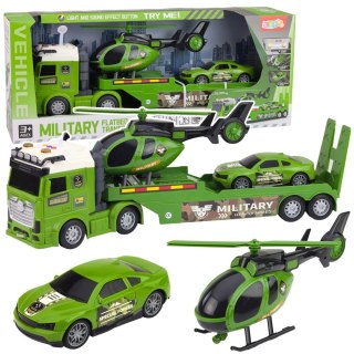 Zestaw Militarny Wojskowy Ciężarówka Laweta Auto Helikopter Światła Dźwięk LEAN Toys