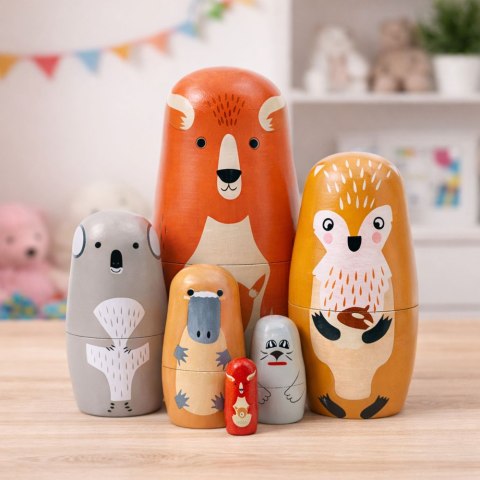 Zestaw Drewniane Lalki Matrioszki Układanka Zwierzęta Leśne 6 szt. LEAN Toys