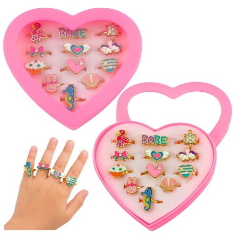 Zestaw Pierścionki Dla Dzieci Regulowane Metalowe Różne Wzory Serce 12 szt. LEAN TOYS