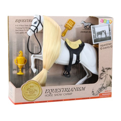 Koń Z Długą Grzywą Siodło Puchar Szczotka Akcesoria Biały