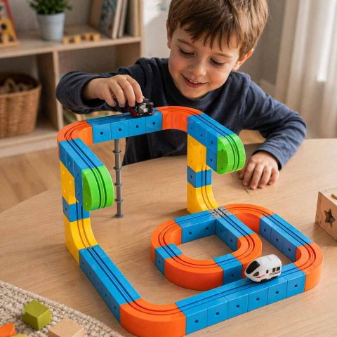 Klocki magnetyczne konstrukcyjne tor wyścigowy pociągi 101 elementów Kik Sp. z o. o. Sp. k.