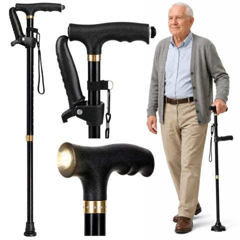 Laska Składana Regulowana Z Latarką LED Dla Seniora Czarna 80-100 cm